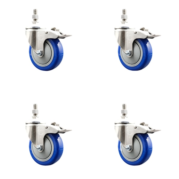 Service Caster 4 Inch 316SS Blue Polyurethane Wheel Swivel 10mm Stem Caster Set Lock Brake SS316TSTTL20S414-PPUB-BLUE-M1015-4 - main